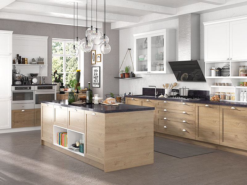 white and wood shaker kitchen cabinets