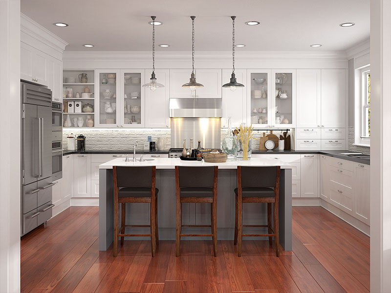 u-shaped white shaker kitchen cabinets with island