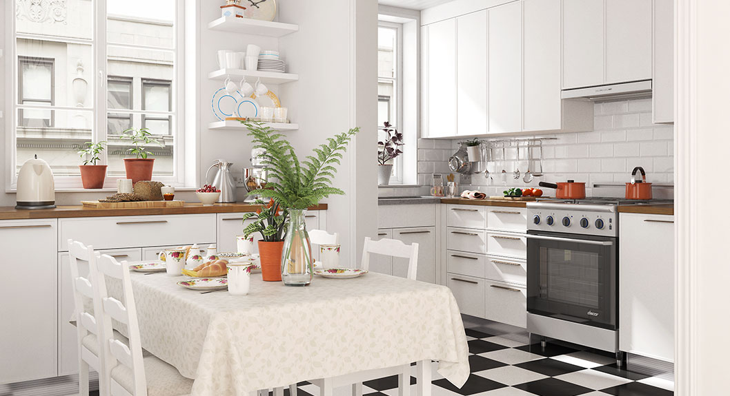minimalist white Scandinavian small L-shaped kitchen cabinets