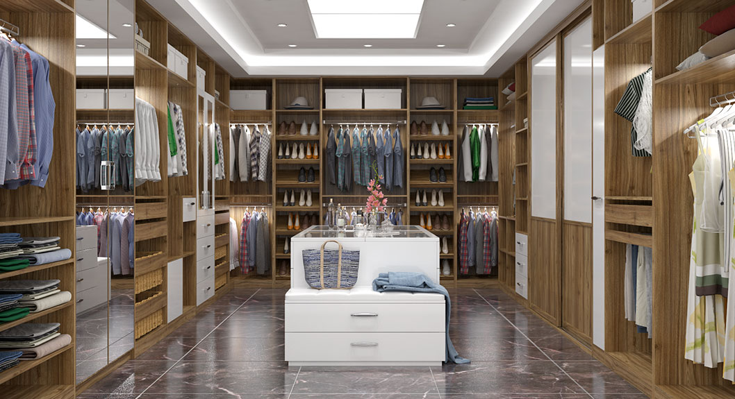 modern wood walk in closet with island