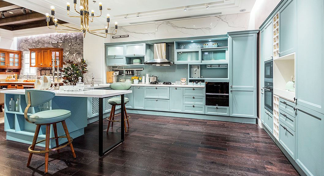 sky blue shaker kitchen cabinets with white countertop