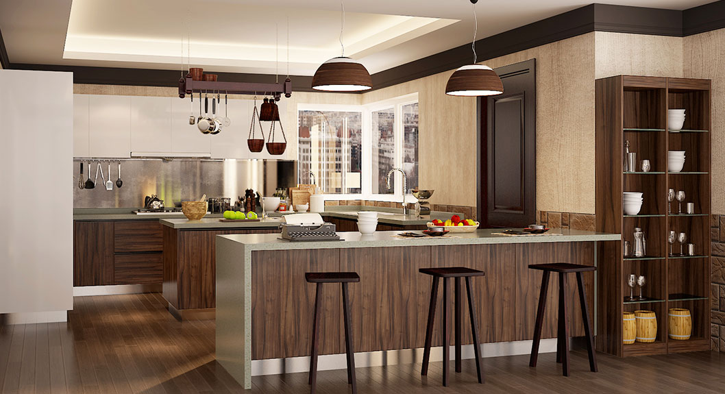 white and walnut tone laminate cabinets