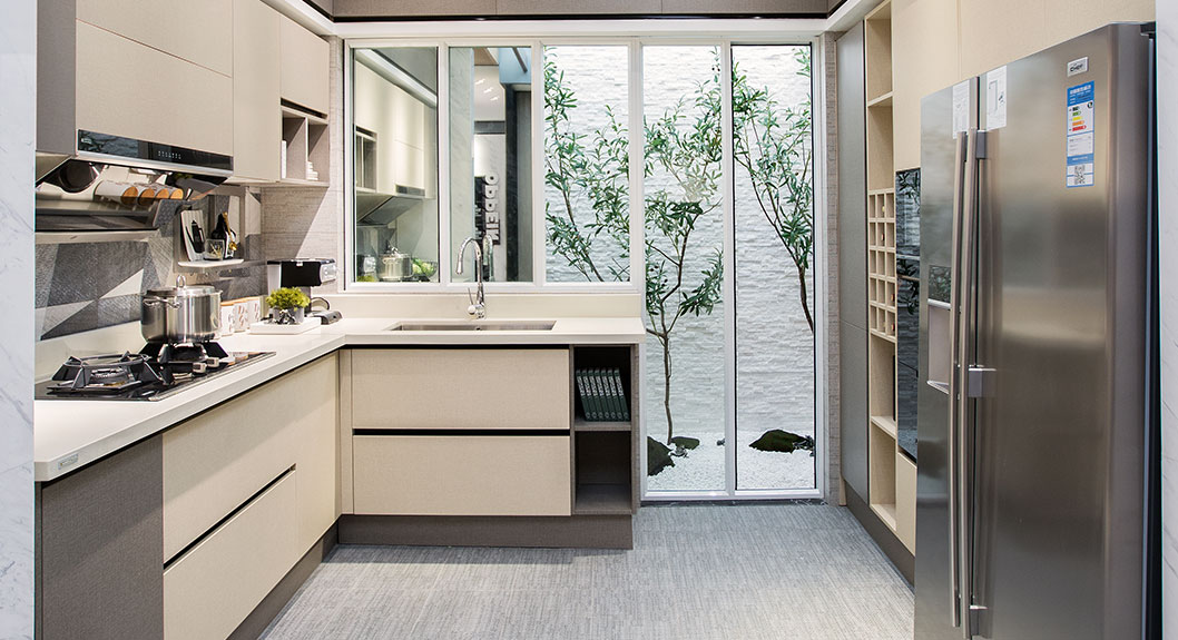 modern handleless grey and beige kitchen cabinets for closed kitchens