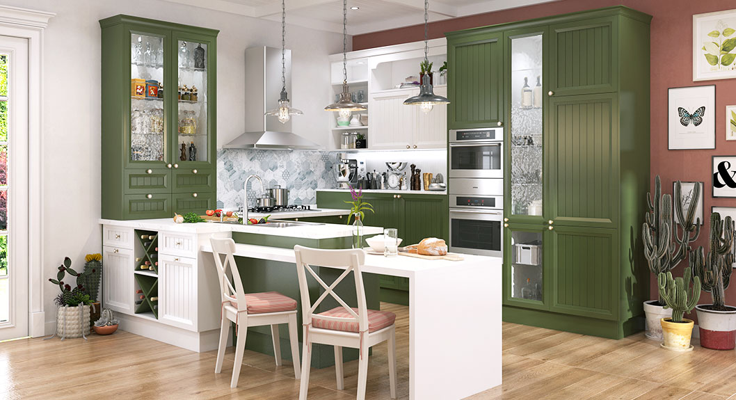 dark green and white modern farm house modular kitchen design