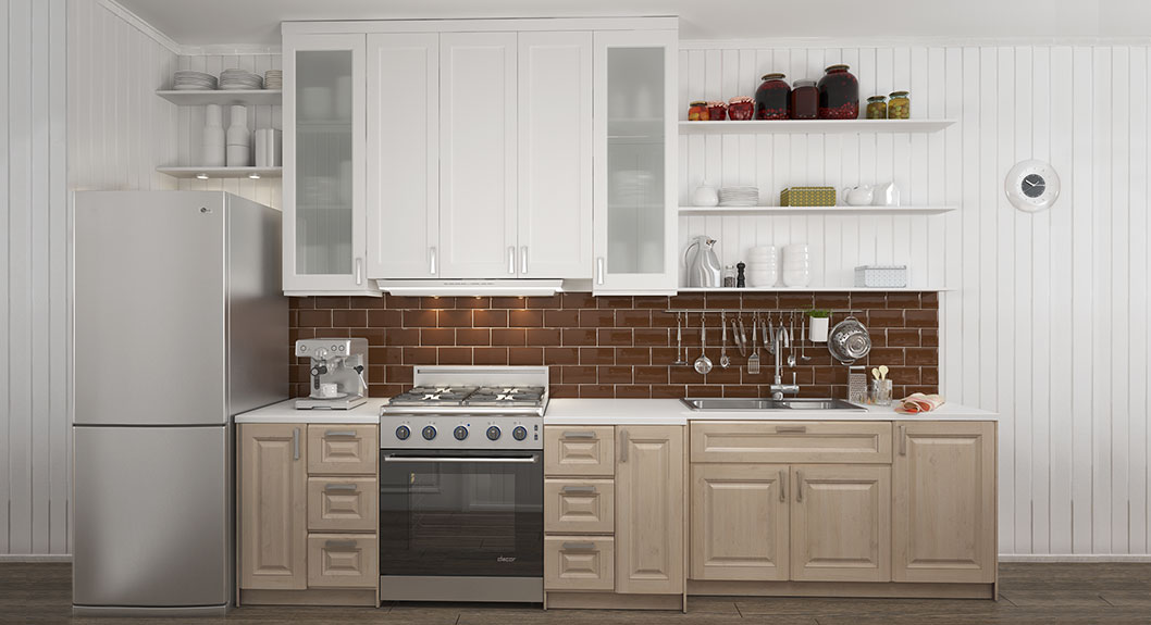 white and brown farmhouse kitchen cabinets with open shelves