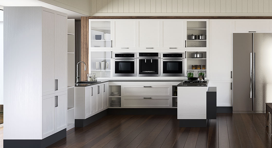 white shaker built-in kitchen cabinets with black countertop