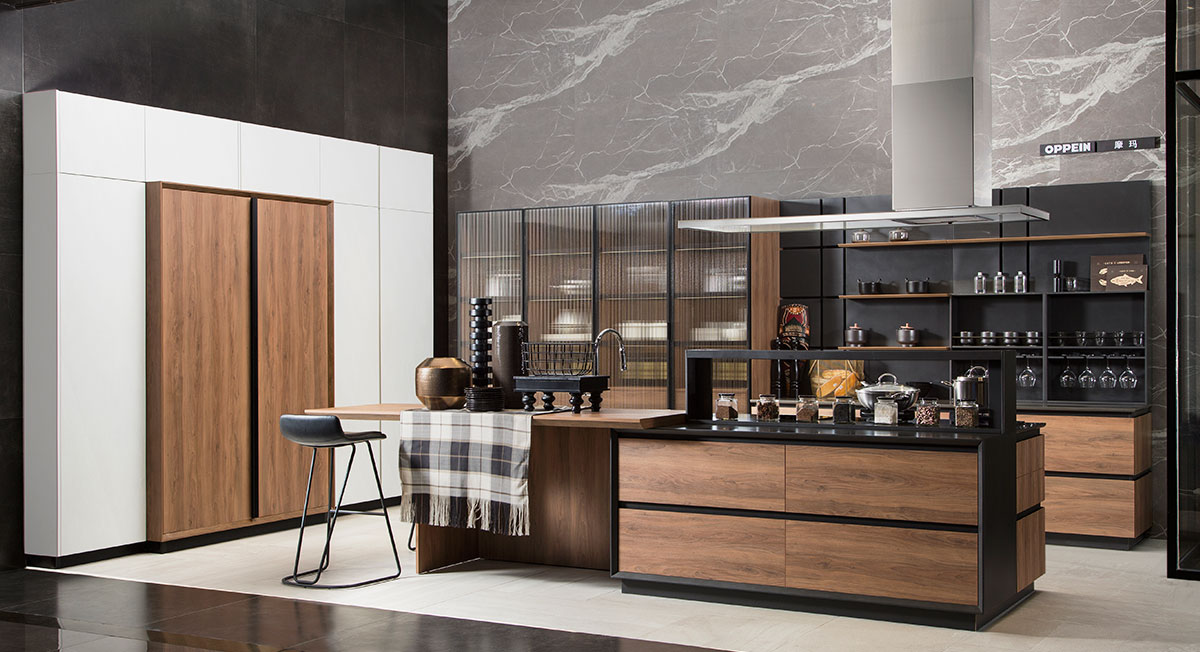 modern white and wood veneer Italian kitchen cabinets