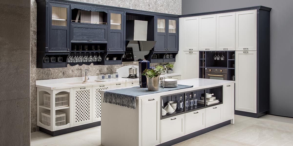 transitional blue and white wood shaker kitchen cabinets