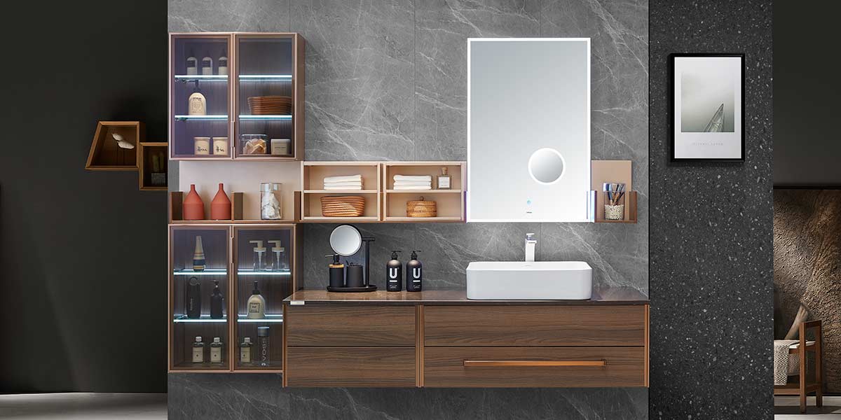 modern wall-mounted wood veneer bathroom vanity joinery