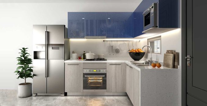 modern blue and grey modular kitchen