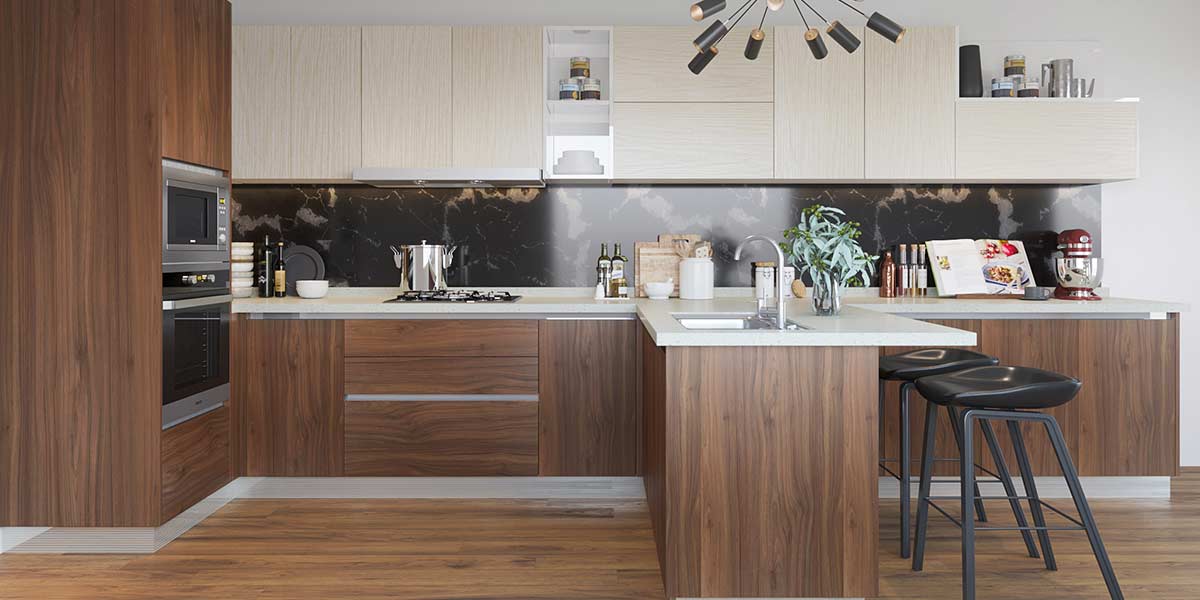 modern melamine L-shaped kitchen cabinets with peninsula