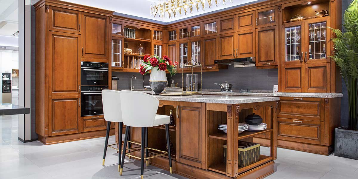 traditional large size cherry wood kitchen with island