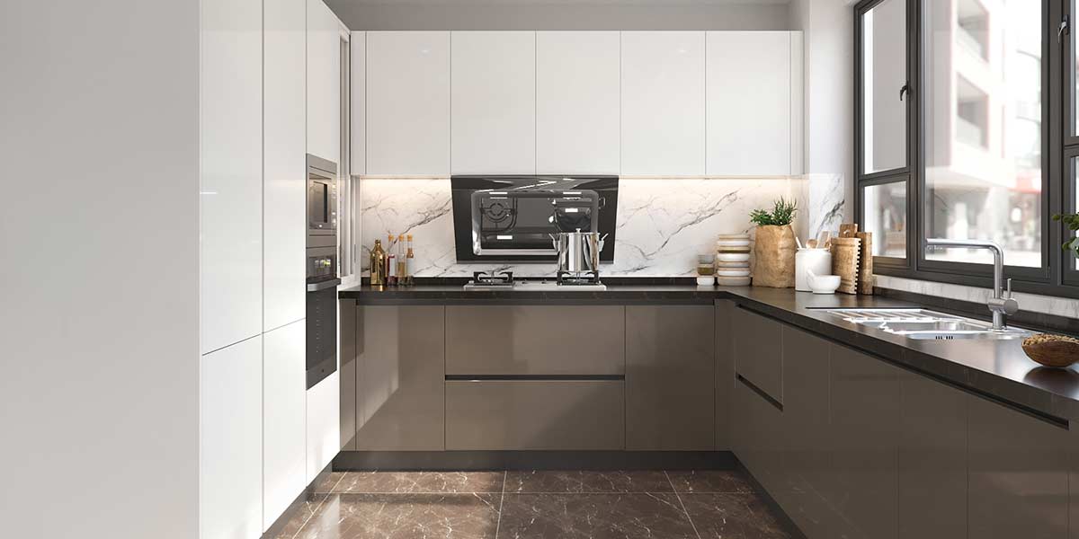 white and grey handleless laminate cabinets