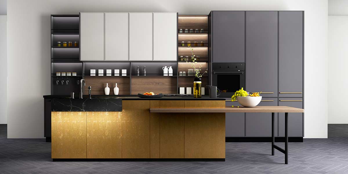 modern white and grey slime shaker kitchen cabinets with golden island