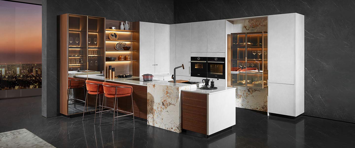 modern luxury high gloss white kitchen cabinets with dramatic countertop