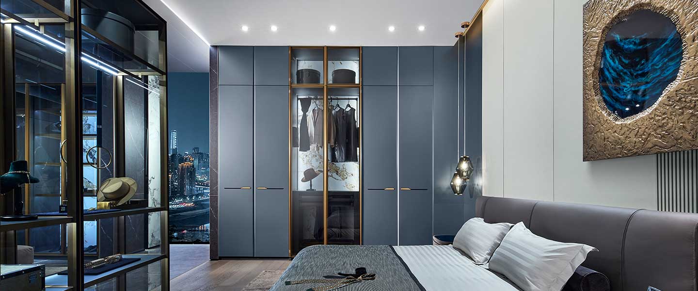 modern high end custom blue wardrobe
