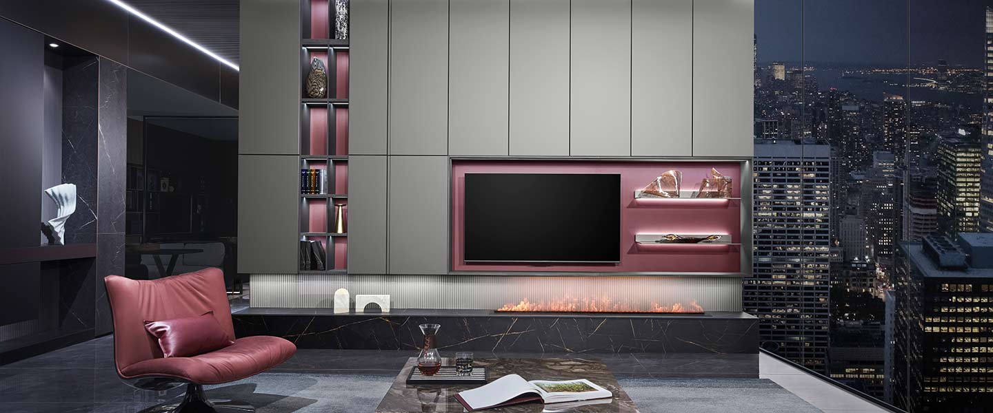 high end dark grey and purple living room custom joinery
