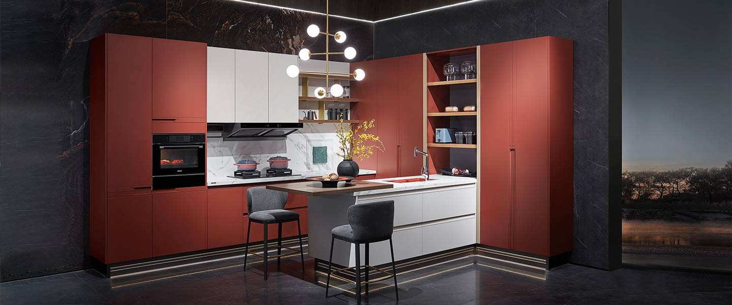 modern minimalist white and red L-shaped kitchen cabinets with peninsula