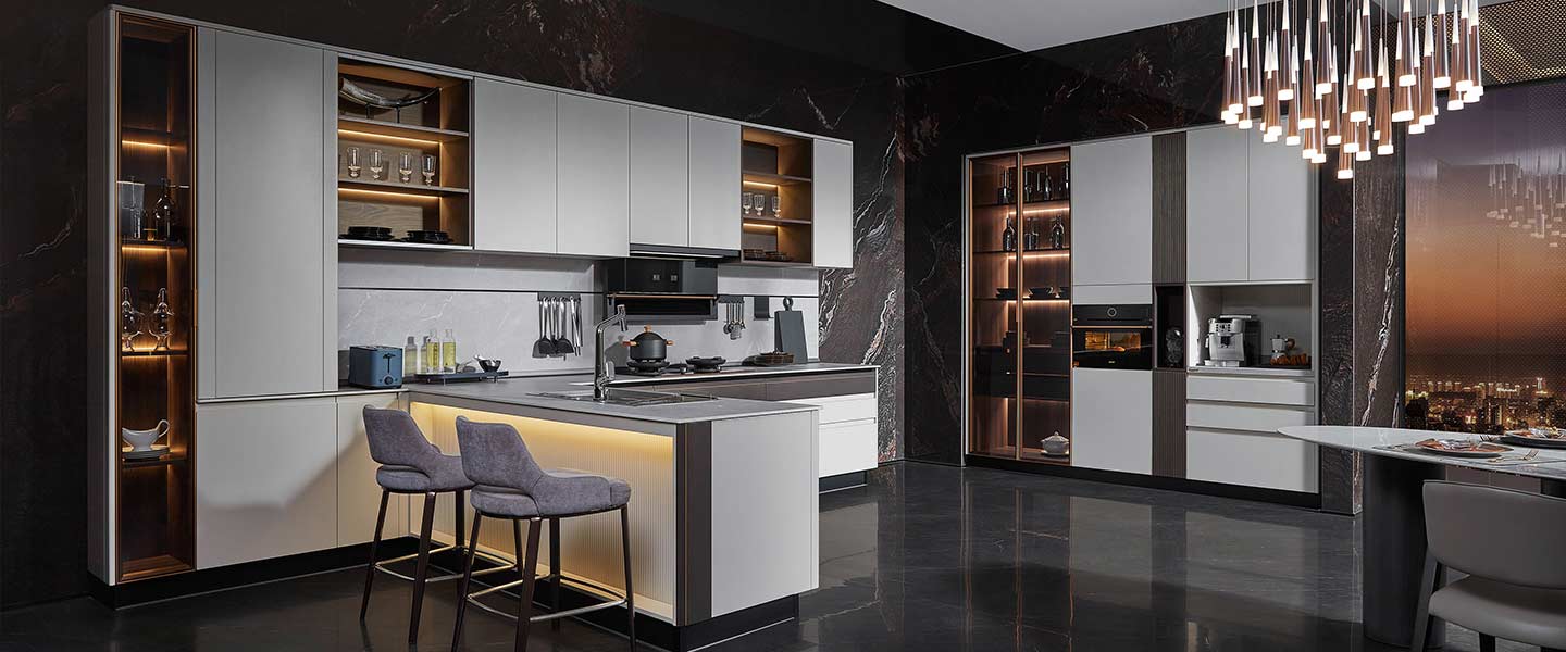 European style modern white handleless fitted kitchen cabinets