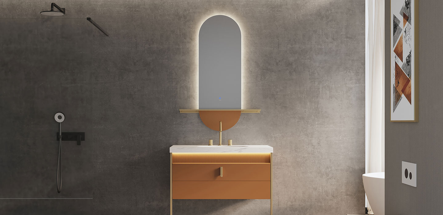 modern vanity joinery with brass hardware