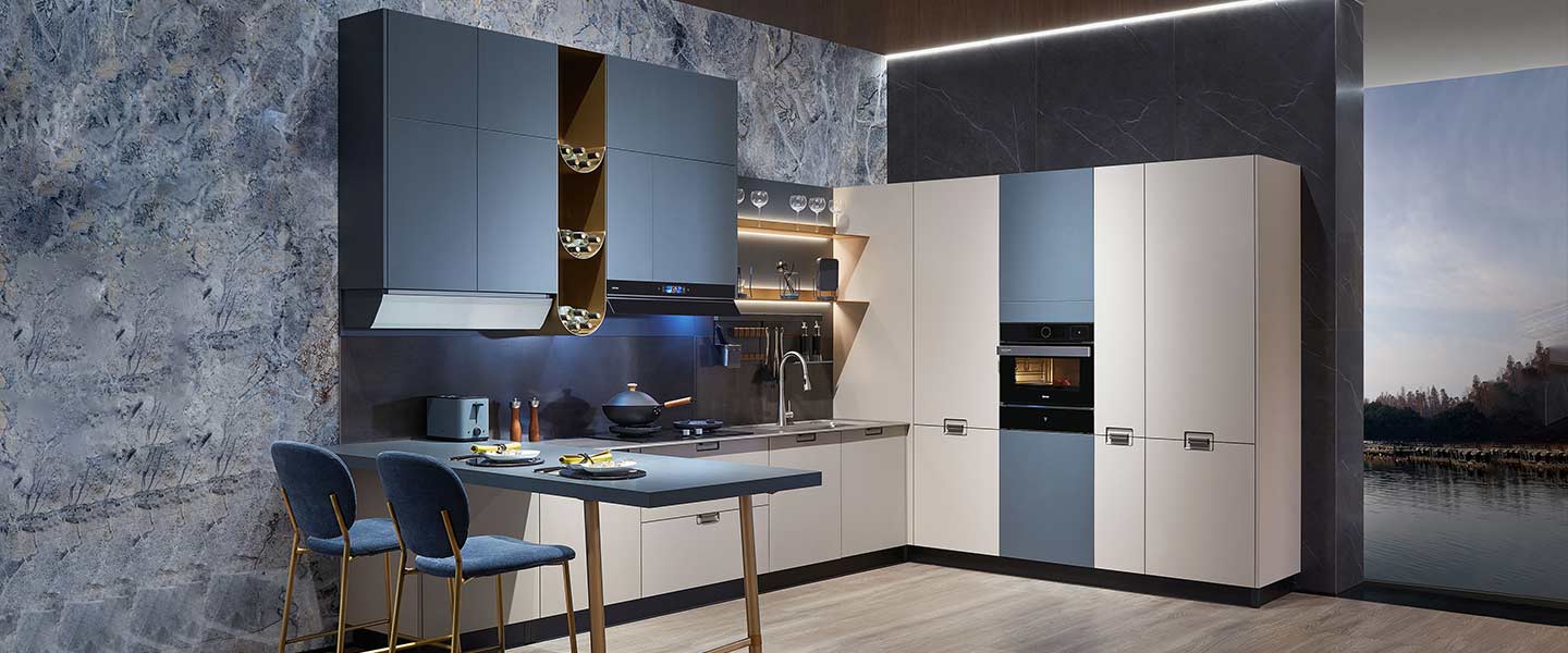 modern L-shaped blue and light grey kitchen cabinets
