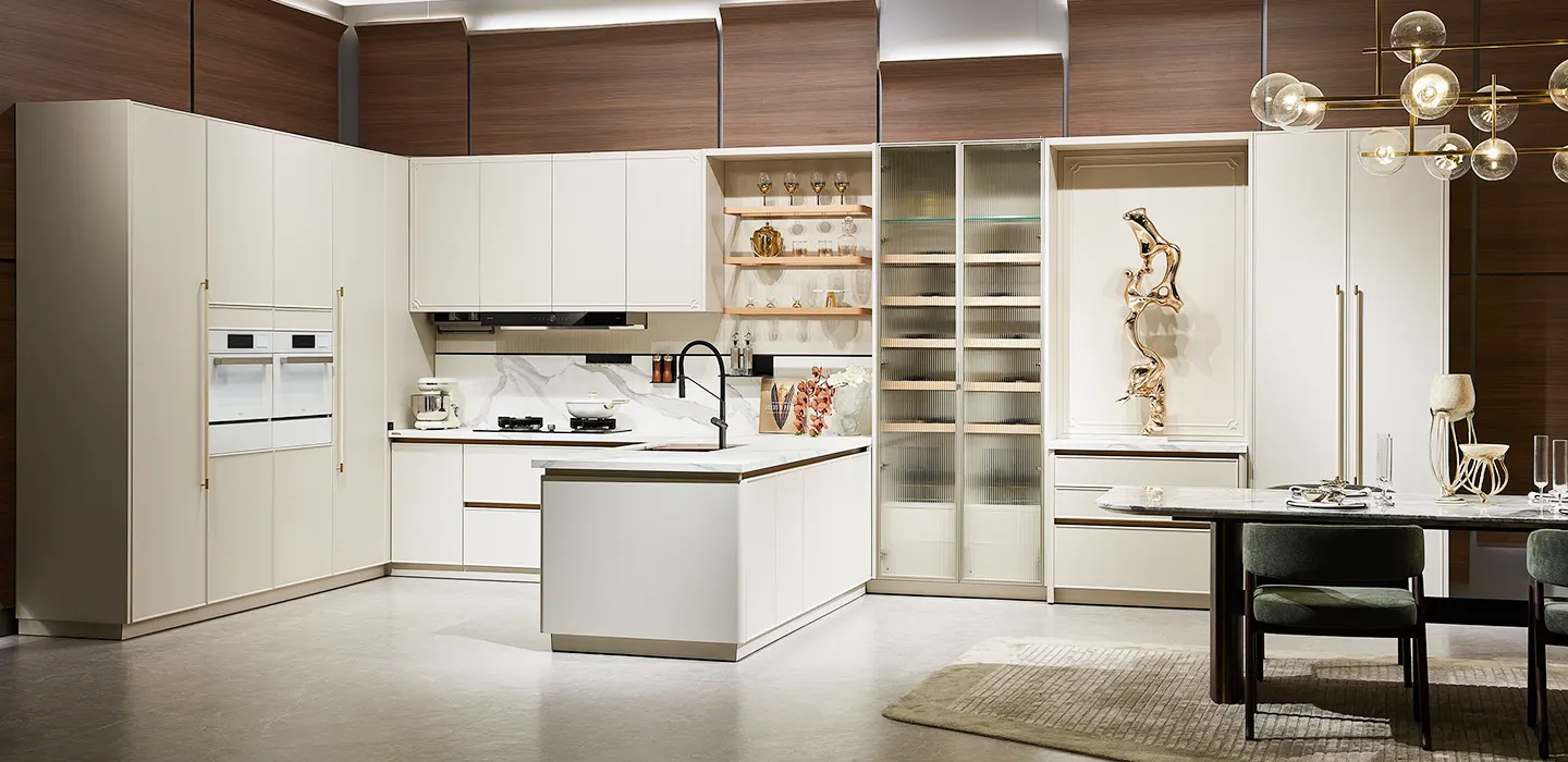 custom modern white L-shaped kitchen cabinets with peninsula