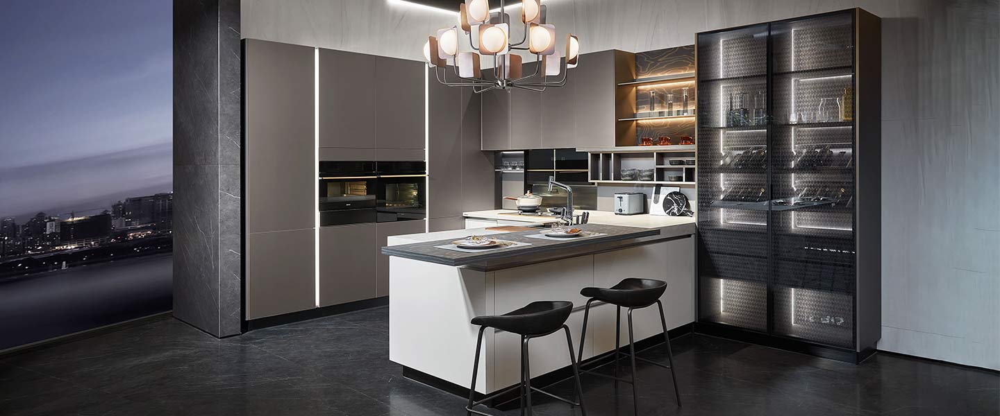 modern minimalist l-shaped grey kitchen cabinets with peninsula