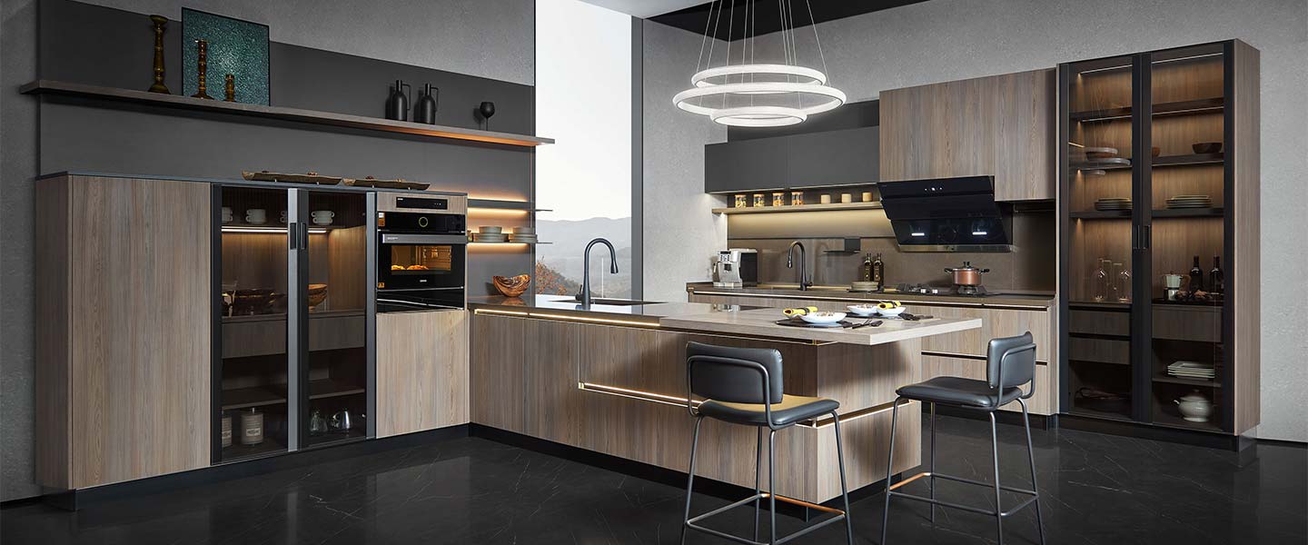 modern wood wrapping kitchen cabinets