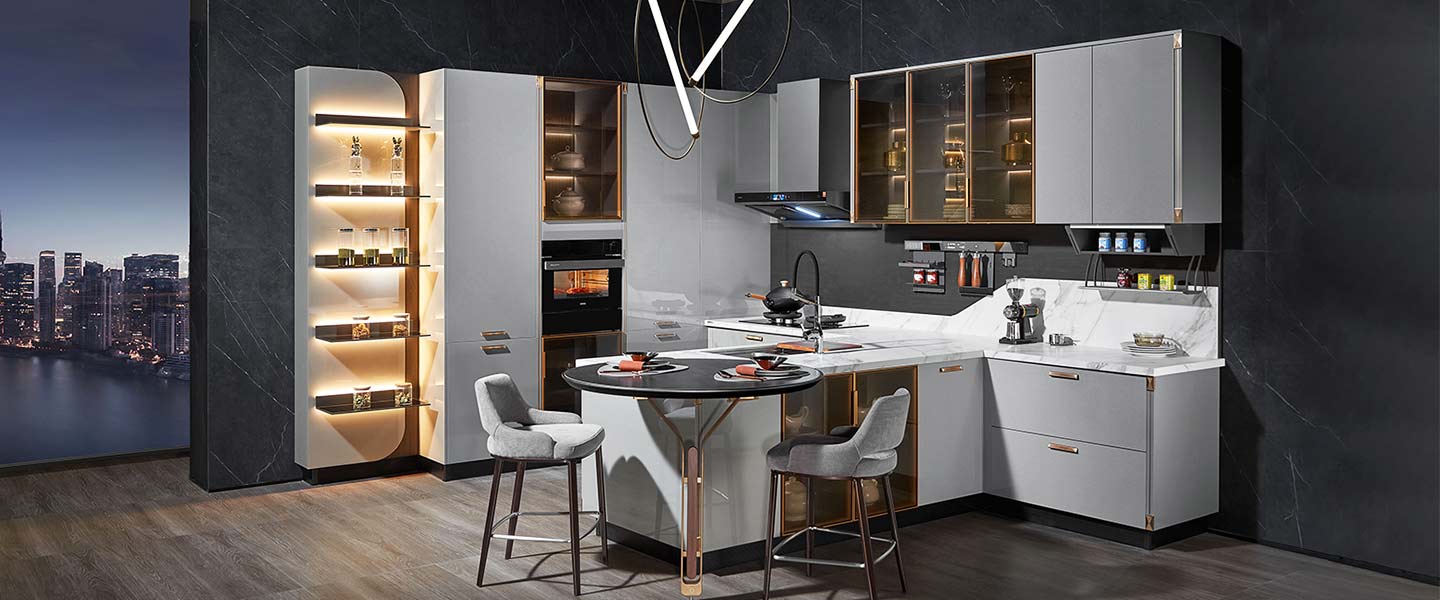 modern lacquer kitchen cabinet with dining table