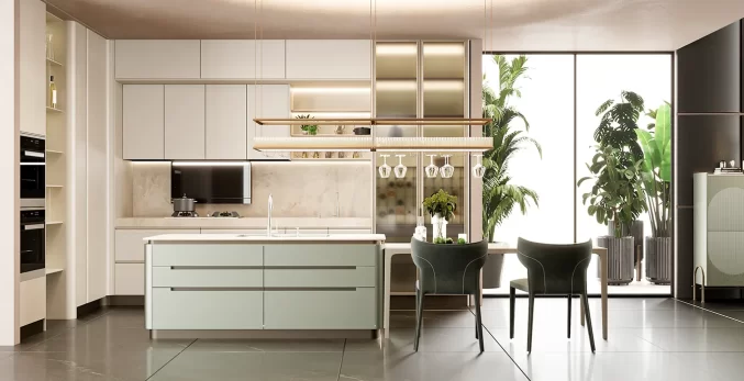 modern beige open design kitchen cabinets with green island
