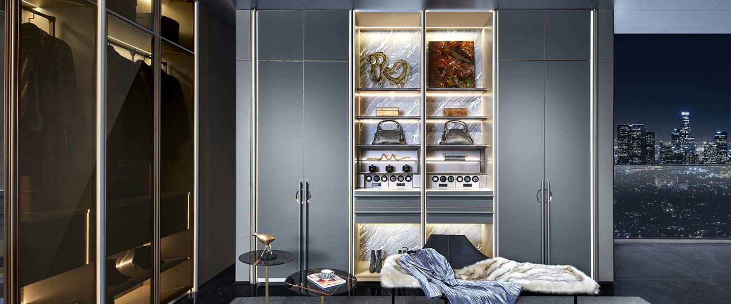 Modern Blue Walk in Closet with Island for Sale