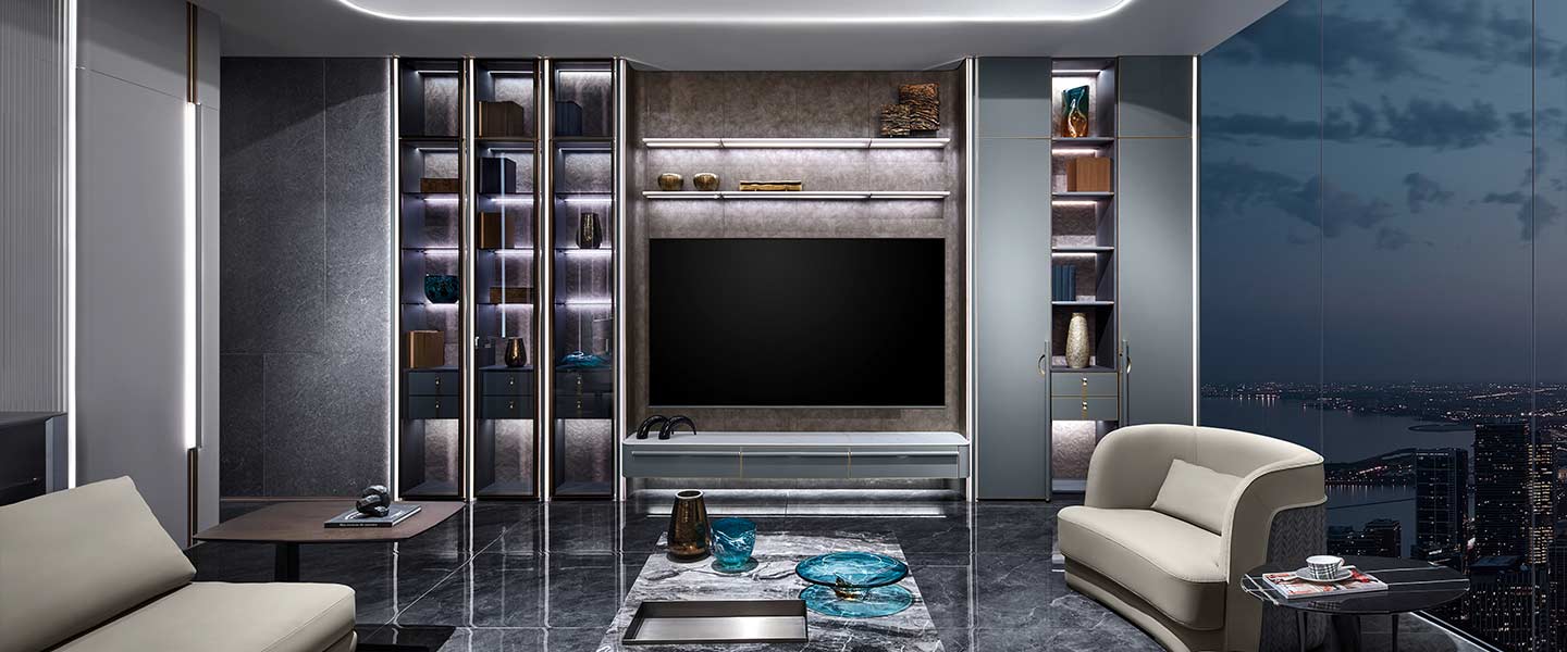 modern blue grey custom living room tv cabinets with built-in lighting