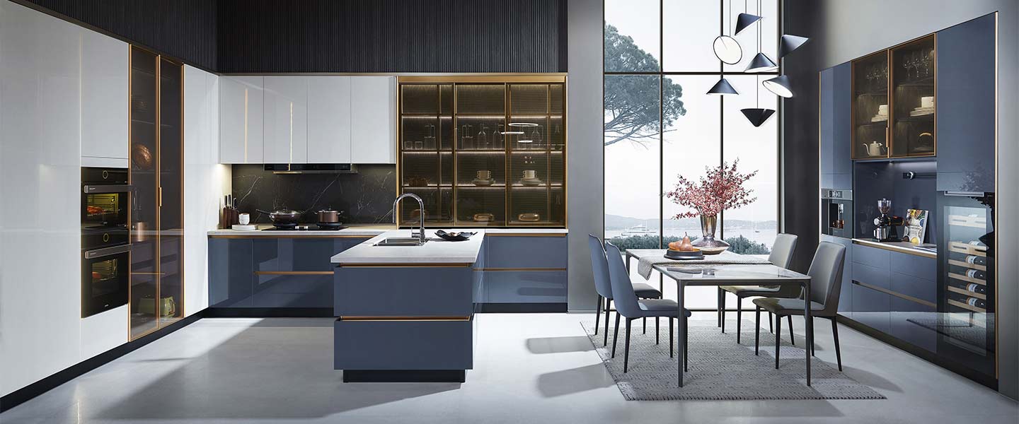 high gloss white and navy blue kitchen joinery