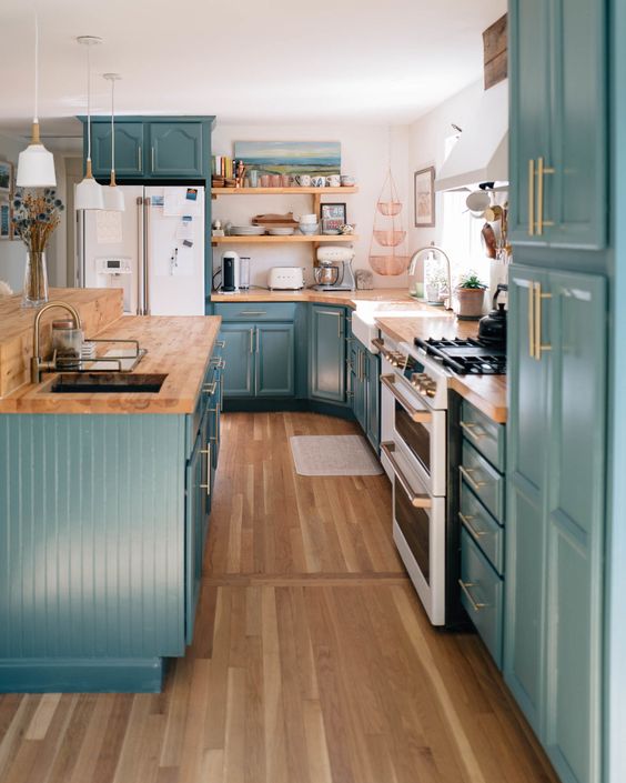 coastal teal shaker kitchen cabinets