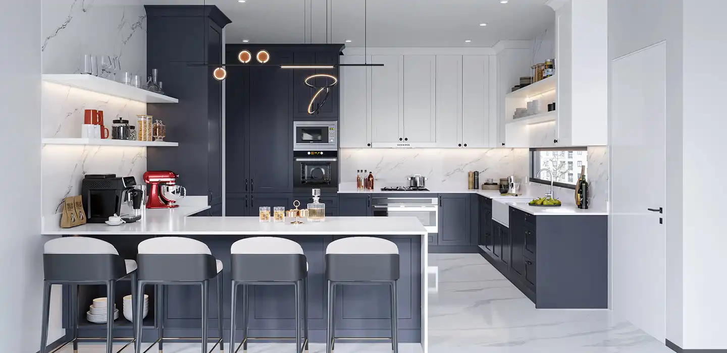 dark blue and white shaker kitchen cabinets