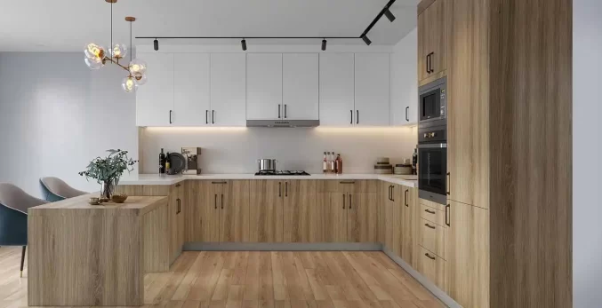 modern white and wood thermofoil kitchen cabinets