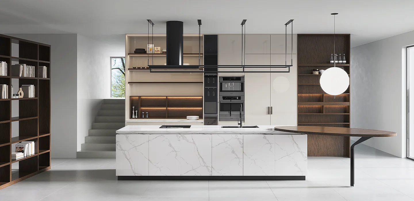 high end modern built-in white and beige kitchen cupboard design