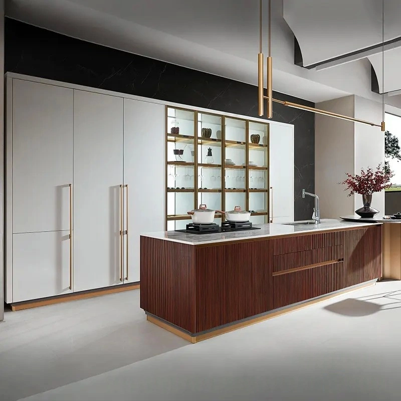 modern white one wall high cabinets with wood fluted island