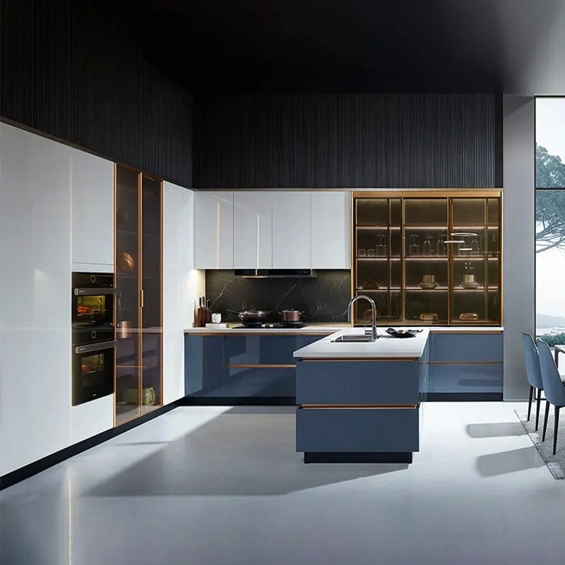 modern high gloss white and navy blue kitchen cabinets