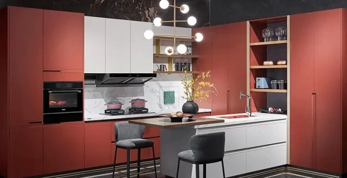 modern white and red two-tone kitchen cabinets