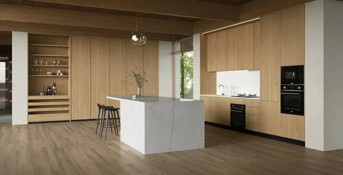 modern custom light wood thermofoil cabinets with white countertop in Australia