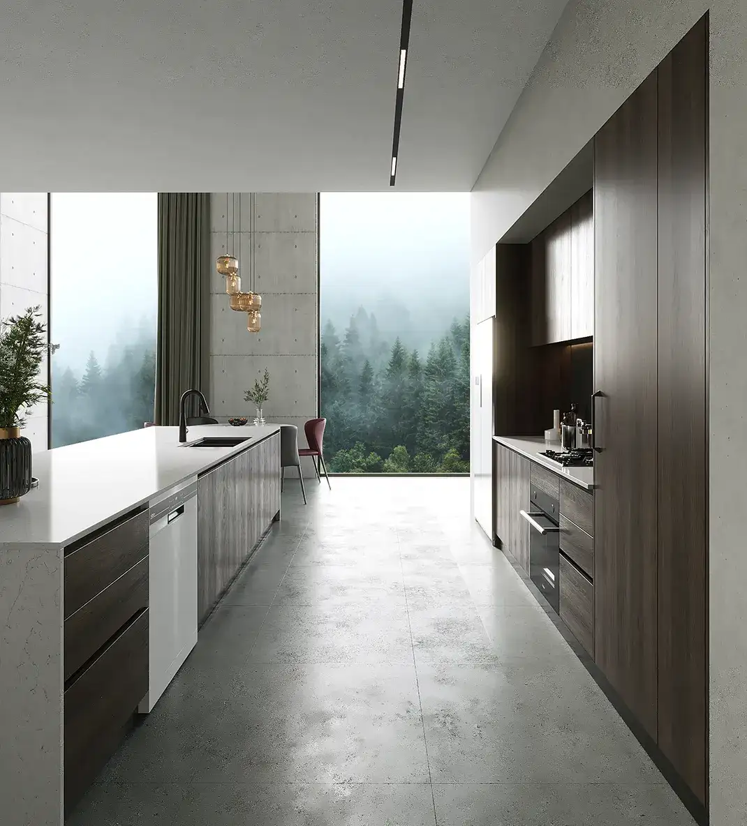 Modern Minimalist Dark Oak Kitchen Cabinets with an Island