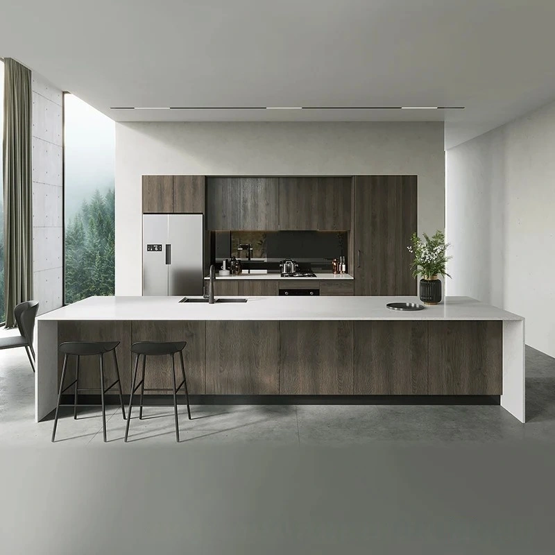 modern-minimalist-dark-oak-thermofoil-kitchen-cabinets-with-an-Island