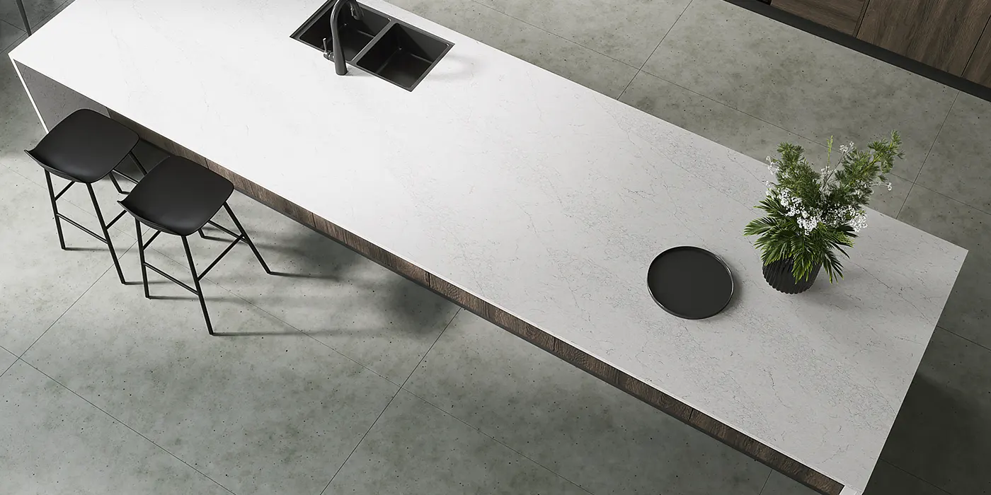modern white quartz countertop with light grey veins