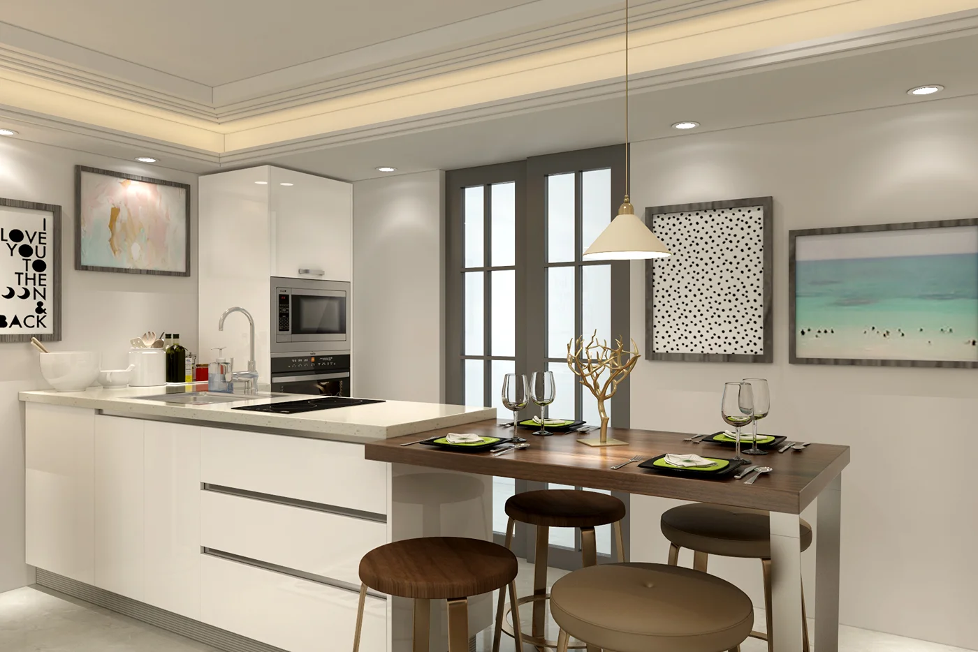 high gloss white lacquer modern open kitchen design for apartments