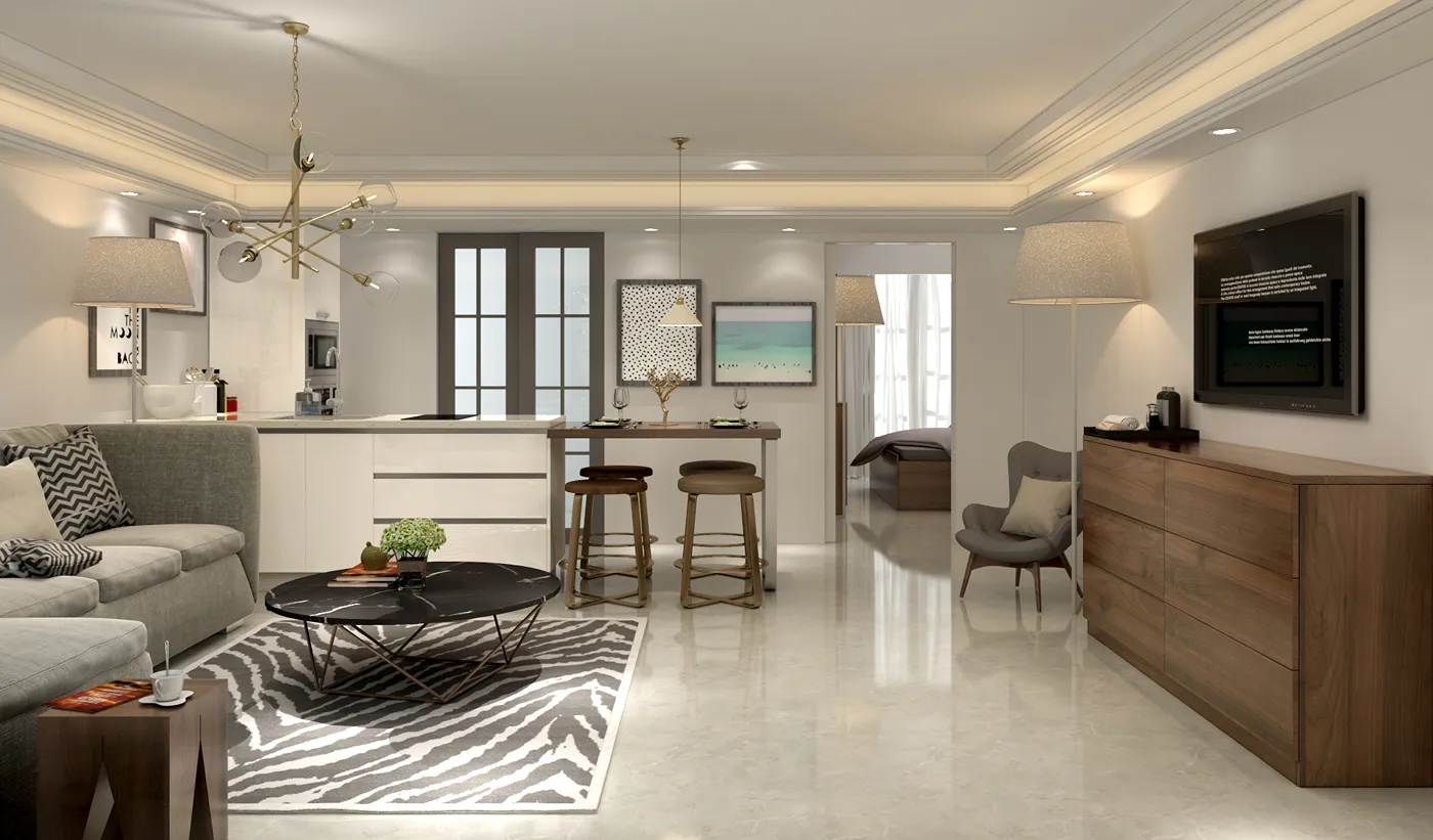 white and wood veneer modern sdudio aparment furniture