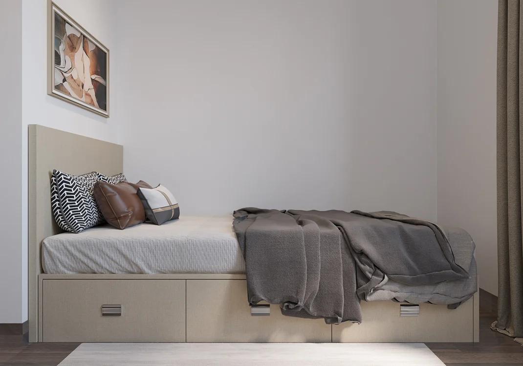 wood bed with drawers for studio apartment