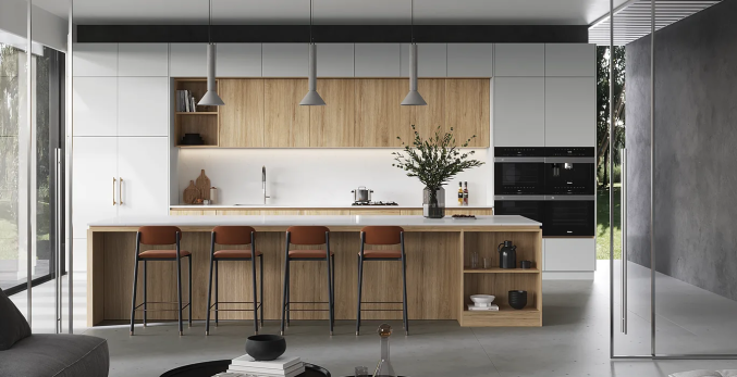 white and wood tone laminate cabinets