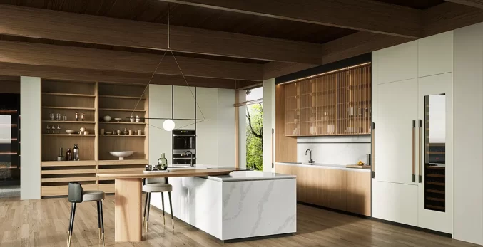 large open custom modern kitchen cabinets in white and wood tone