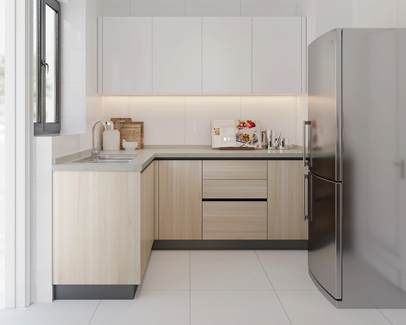 modern white and wood tone closed kitchen design
